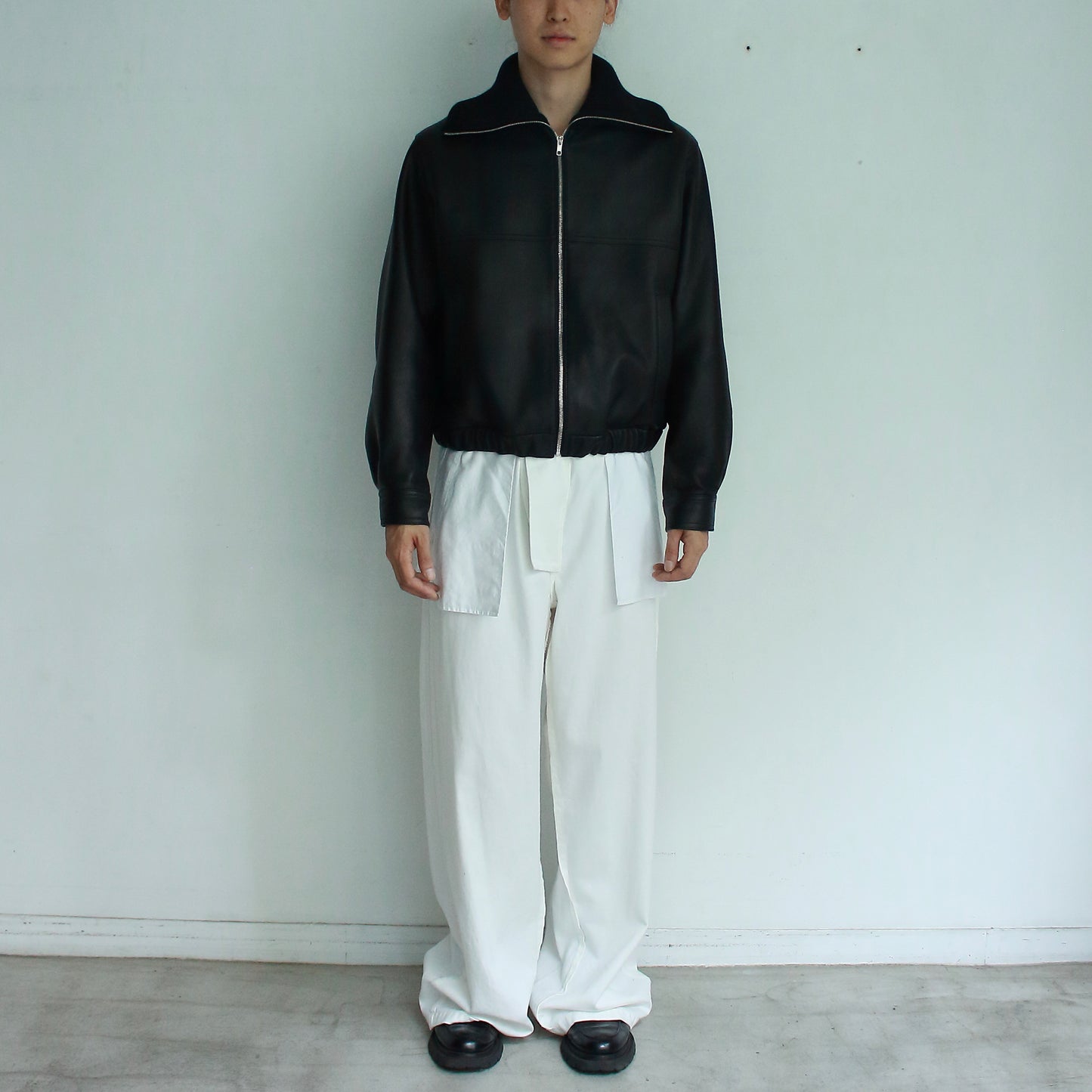 Ribbed High-Neck Leather Jacket