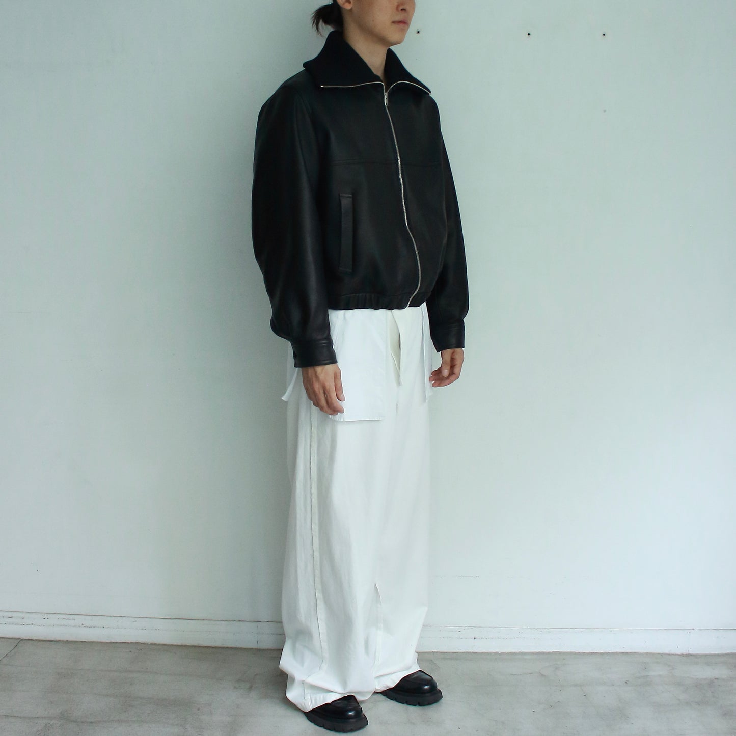 Ribbed High-Neck Leather Jacket