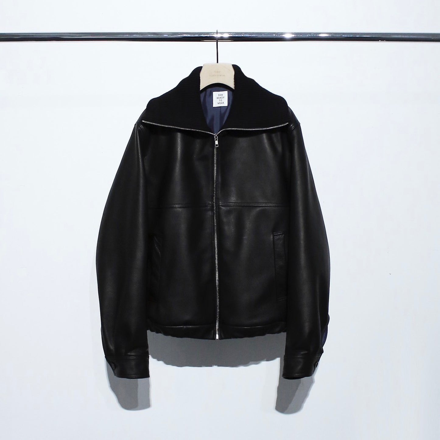 Ribbed High-Neck Leather Jacket